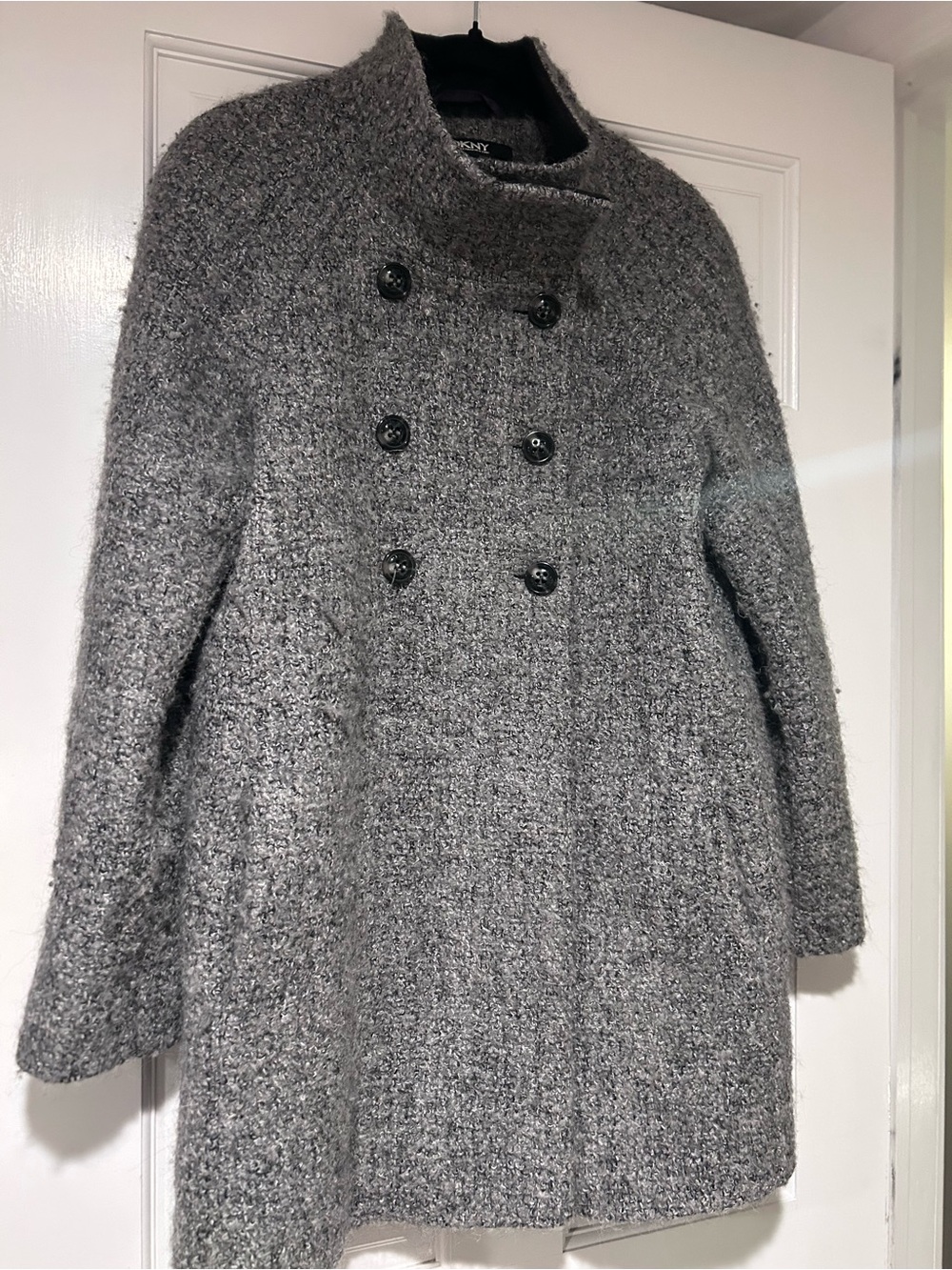 DKNY Gray Double-Breasted Textured Wool Blend Pea Coat